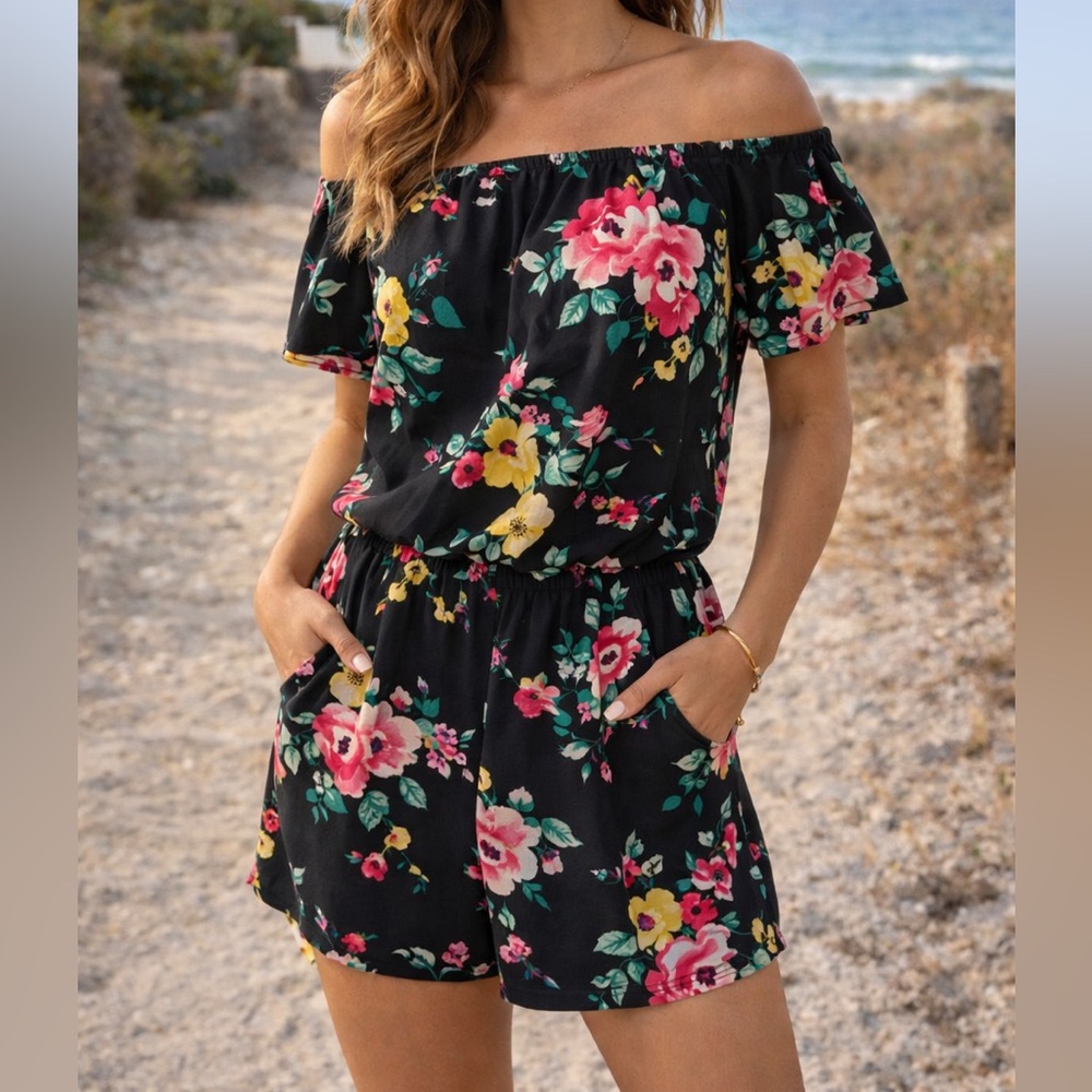 Emerald Black Floral Off-Shoulder Romper Beach Summer Party Western Festival
